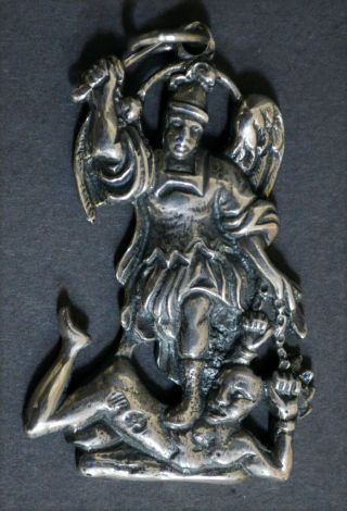 Unusual Collectible Saint Michael Marked Spanish Solid Silver Medal Religious