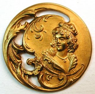 Antique Pierced Brass Button Art Nouveau Woman Design - 1 & 1/16