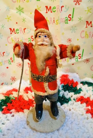 Antique Santa Father Christmas Paper Mache Clay Face Sack And Cane 6”