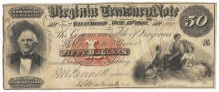 Csa Virginia,  $50.  00 Bank Note,  Cr7a,  10/15/62,  Sn1047,  Plt " B ",  Very Good Rare