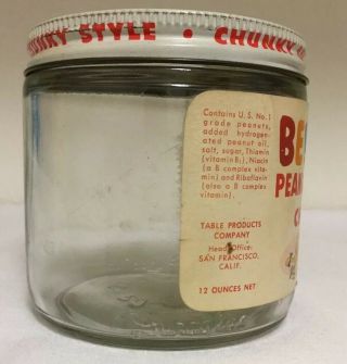 Vintage Beverly Peanut Butter Jar Chunky 12oz.  Glass RARE Paper Label 2