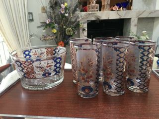 Gorgeous Rare Set Of 6 Culver Imari Asian Design Highball Glasses & Ice Bucket