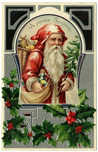 Red Hood Santa Claus Tree Toys Holly Antique Christmas Postcard - M421