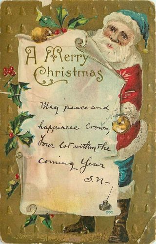 Antique Db H566 A Merry Christmas Santa With Message Holly Cancel 1909