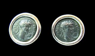 Carolee Antiqued Silver Tone Roman Greek Coin Button Clip On Earrings