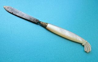 Antque Early 19th C Palais Royal Sewing Seam Ripper Knife Carved Pearl Handle.