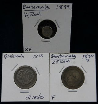 3 Rare Guatemala Silver Coins:1870 R 25 Centimos,  1873 2 Reales &1889 1/4 Real