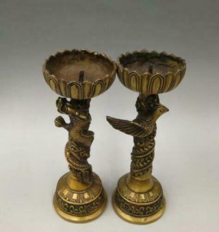 A pair Old China brass dragon and phoenix candlestick 2