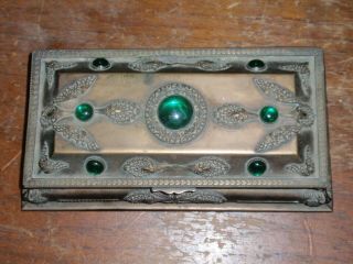 Antique La Tausca Gilt Brass Jewelry Trinket Box Casket Green Glass Cabochons Nr