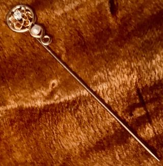 Antique 14k Yellow Gold Diamond Stick Pin With Fresh Water Pearl