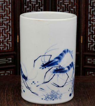 Chinese Old Handmade Blue White Porcelain Hand Painted Shrimp Brush Pot B02
