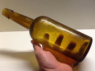 Antique Golden Amber Dyottville Glass 3 Piece Mold Whiskey Bottle.
