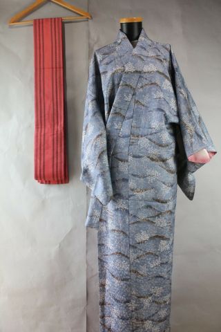 Japanese Komon Kimono Blue / Pink Hanhaba Obi Set A1204
