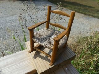 Vintage Wooden Toy Rocking Chair Hand Carved Straw Bottom Stuffed Animal