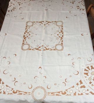 Large Square Edwardian Cream Linen Tablecloth With Floral Cut Work Garlands