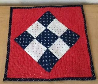 Antique Patchwork Quilt Table Pad,  Nine Patch,  Red,  Off White,  Navy Blue