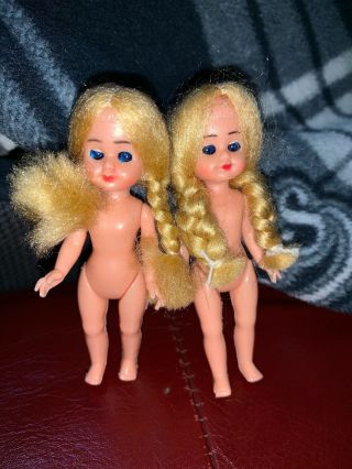 Vintage Hard Plastic Italy Dollhouse Jointed Girl Twin Dolls 3 1/2 " Braids Blond