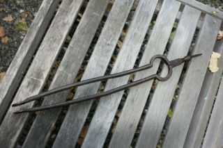 Antique Hand Forged Iron Fireplace Tongs,  Early Tool