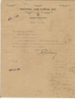 Antique Commercial Letter / Central Los CaÑos / Arecibo Puerto Rico / 1924