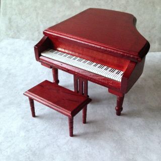 Dollhouse Furniture Grand Piano Cherry Wood Bench 1:12 Scale