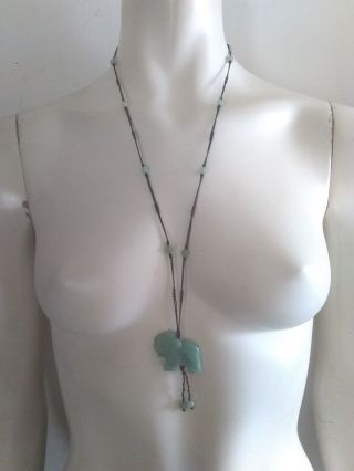 Antique Carved Jade Elephant Silk Cord Beaded Necklace