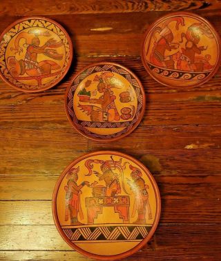 Mayan Aztec Clay Pottery Terracotta Hand Painted Tribal Bowls Wall Decor Four 4