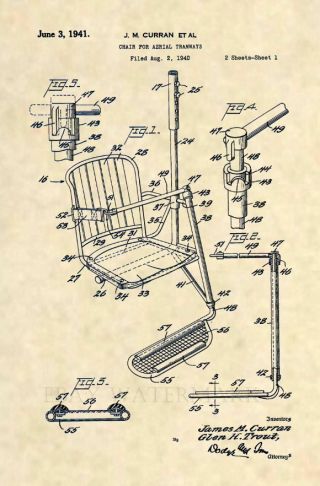 Official First Ski Lift Us Patent Art Print - Vintage Antique Rossignol Chair 440