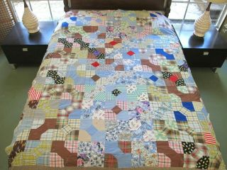 Vintage Hand Pieced Feed Sack Bow Tie Octagon Quilt Top; 78 " X 64 "
