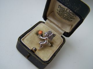 Gorgeous Vintage Solid Sterling Silver Coral Fairy Ring Size I Unusual Rare