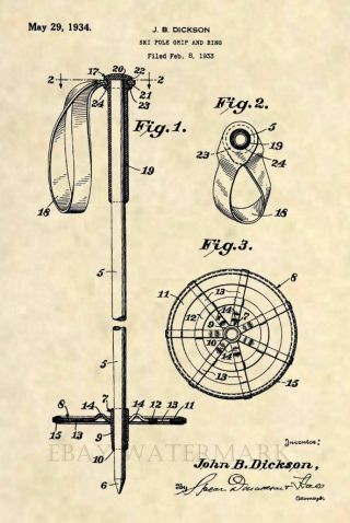 Official First Ski Pole Us Patent Art Print - Vintage Antique Rossignol Poles 437