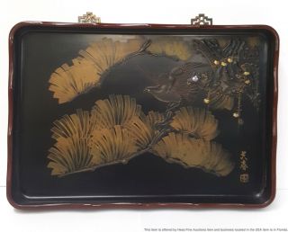 Signed Antique Japanese Meiji Taisho Lacquer Bird Tray Plaque 15.  5in