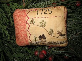 Primitive Tiny Sampler Pillow 1725 The Cabin Reindeer Pines Earlyquilt Folk Art