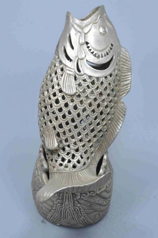 Handwork Collectable Miao Silver Carve Hollow Out Goldfish Lucky Incense Burner