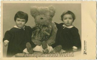 Two Cute Baby Girls With Huge Toy Teddy Bear Antique Rppc Photo