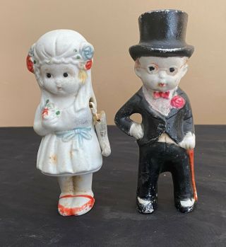Vintage / Antique Bisque Bride And Groom Cake Toppers / Doll (12a)