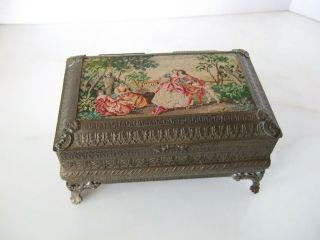 Antique Reuge Musical Jewelry Box Austrian Brass With Petit Point Top