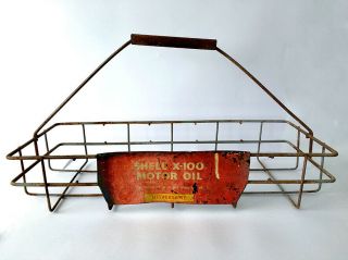Early Rare Vintage Large Shell X - 100 Motor Oil Bottle Wire Carry Rack / Stand