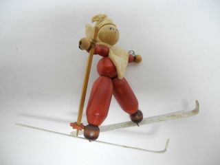 Antique Vintage Painted Wood Wooden Bead Jointed Skier Figure Ornament