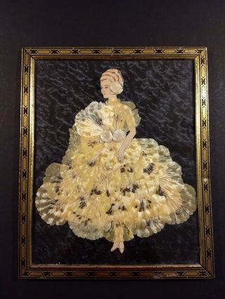 Antique Framed Ribbon Art Paper Doll Picture Girl Feathered Dress