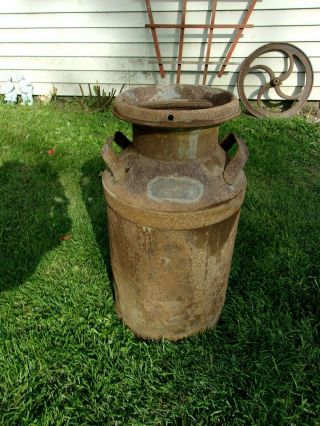 Antique 10 Gallon Steel Milk Can With Lid - Brass Tag - Cream City - Solid