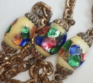 Antique Art Deco Gold Gilt Brass Foiled Art Glass Bead Chain Necklace