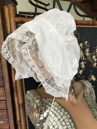 French Antique Pre 1900 Ladies Handmade Bonnet - Linon With Bobbin Lace Edging
