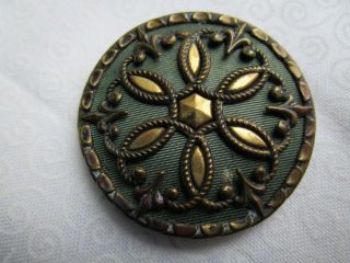 6238 – Xl Lovely Green Victorian Celluloid Brass Fleur De Lys Pad Back Button