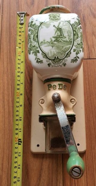 Coffee Grinder Pe.  De Rare Green Delft Porcelain Glass Container Wood Top 1940s
