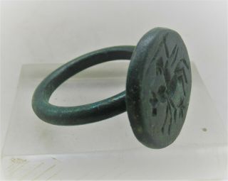 Ancient Byzantine Bronze Seal Ring With Horse And Rider Depiction