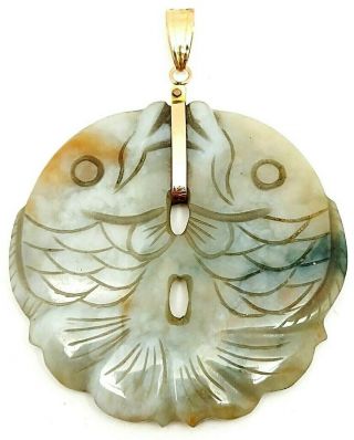 Antique Old Chinese 14k Gold Carved Jade Double Fish Pendant