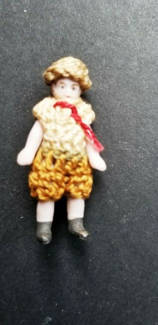 Antique Hertwig Carl Horn Bisque German Boy Doll 1 1/2 " In Shirt`shorts Hat