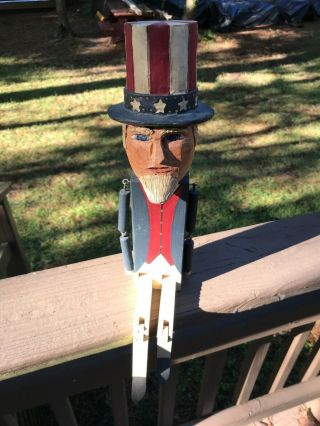 Uncle Sam Jointed Hand Carved Wooden Shelf Sitter Americana Patriot Folk Art