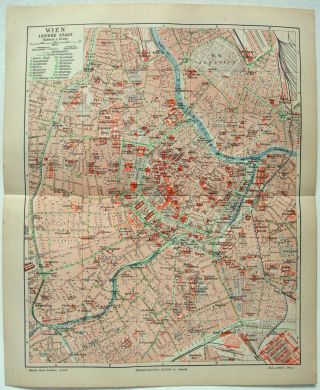 Vienna,  Austria - 1908 Inner City Map By Meyers.  Antique