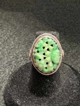 Antique Chinese Sterling Silver Carved Green Jade Large Ring Size 5 Marked